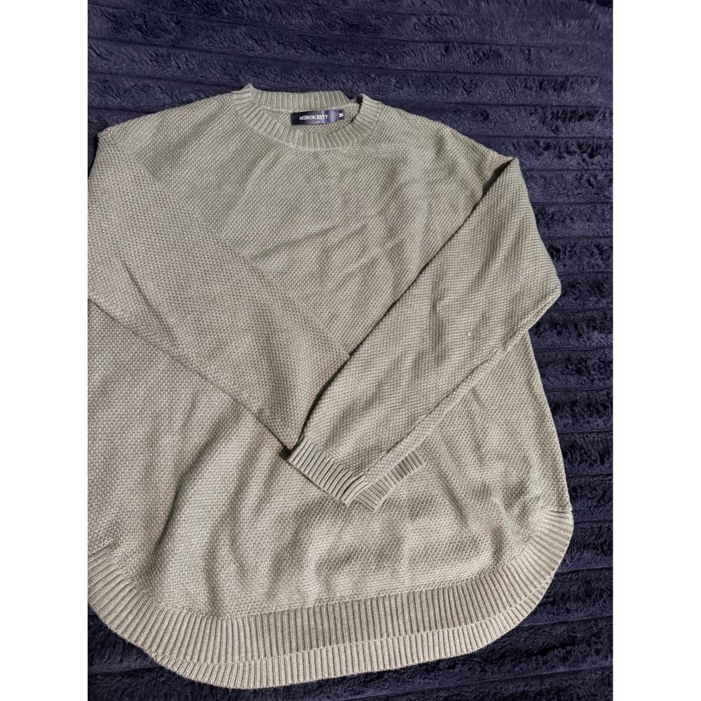 Merokeety Mens Olive Green Waffle Knit Crewneck Sweater Curved Hem Size Medium